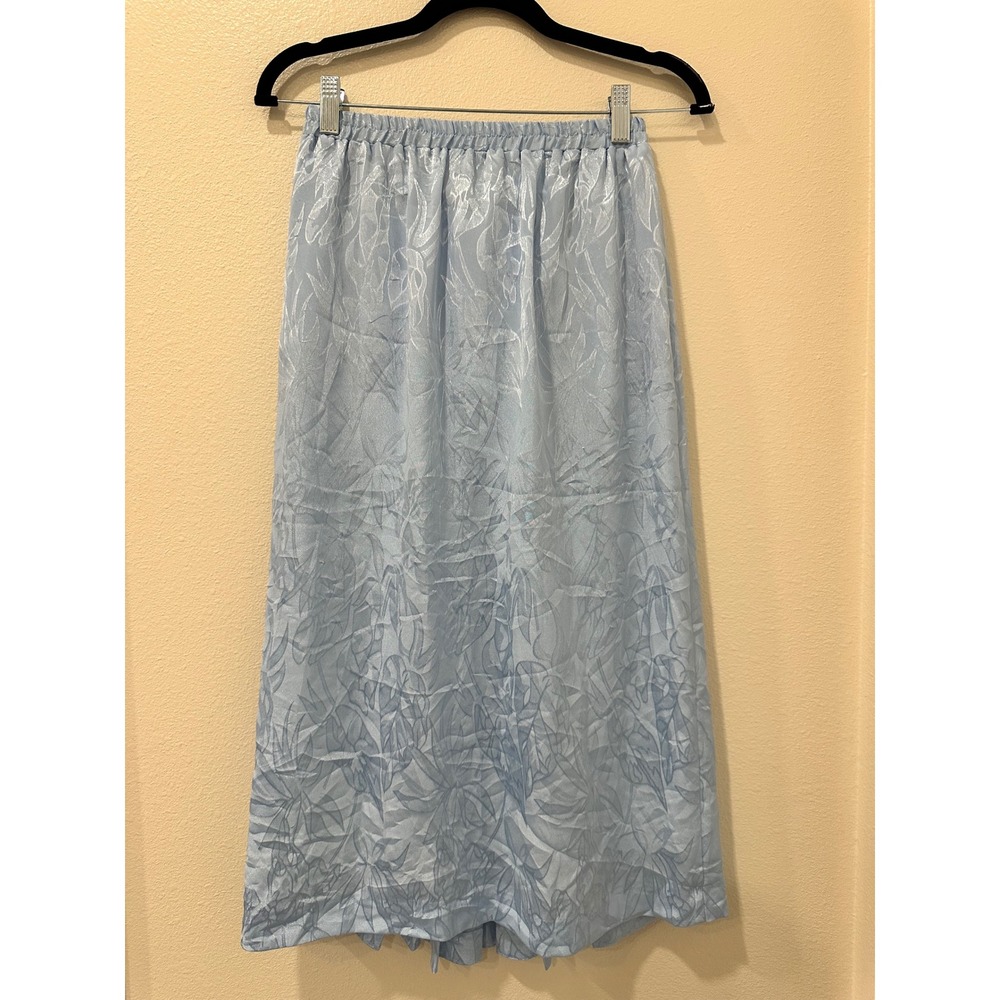 Vintage Light Blue Floral Jacquard Midi Skirt Elastic Waist Womens 8